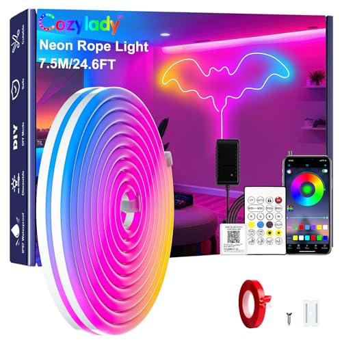 Image of Cozylady RGB Neon Light LED Rope Light,Waterproof Bluetooth APP Remote Control Music Sync Strip Light,24V Flexible DIY Silicone Light for Bedroom Home Indoor Outdoor Decoration
