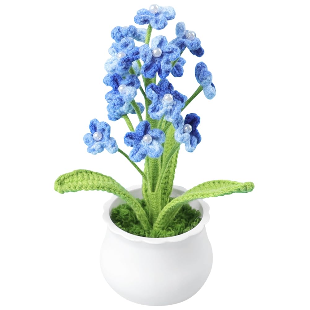 Magicherry Handmade Crochet Flowers Finished Knitted Forget Me Not Artificial 8.66 Inch Forget Me Not Small Potted Flowers for Car Dashboard Home Office Table Decor,Gradient Blue
