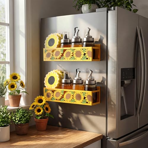 Beeveer 2 Pack Magnetic Spice Rack for Refrigerator Metal Magnet Basket Shelf for Fridge Seasoning Storage Organizers Home Decor Kitchen Accessories (Sunflower)