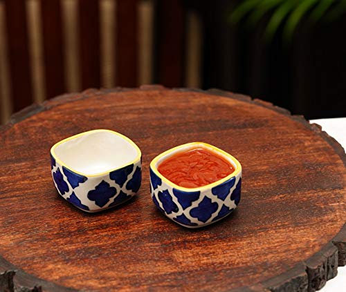 Image of Freakway Hand Painted White Ceramic Dip Bowls | Bowls Set of 2, 40Ml | Bowl for Serving Chutney Bowl /Pickle Bowl /Small (Moroccan Blue)