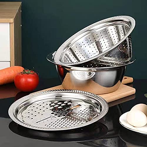 JANCOM 3 in 1 Kitchen Multipurpose Kitchen Stainless Steel Bowl, Drain Basket, Julienne Graters for Vegetable Cutter,Vegetable/Fruit Grater Kitchen Mesh Strainers(Set of 1, 26CM)