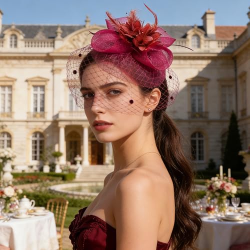 Image of DRESHOW Women Fascinator Hats Tea Party Hat Vintage Pillbox Hat Headband for Cocktail