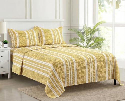 Trance Home Linen 200TC 100% Cotton King Size Printed Bedsheet | Bedding Set of King Size Flat Bed Cover with 2 Pillow Covers (108x108 inch | 9ft x 9ft - Aztec Mustard)