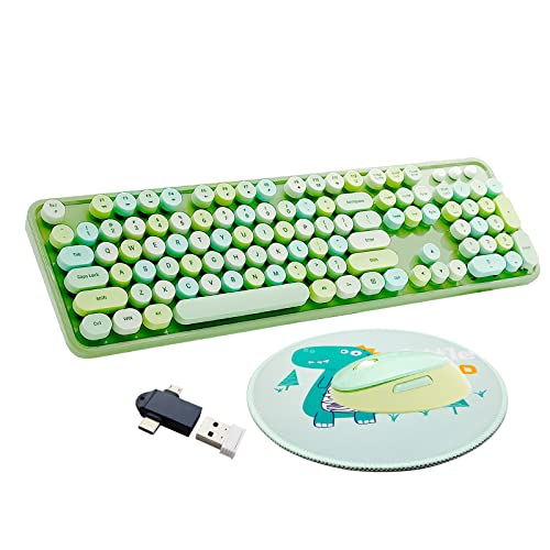 Image of Wireless Keyboard and Mouse Combo, Ergonomic Cute Retro Typewriter Full Size Colorful USB Cordless Keyboard Mouse Set for Gaming and Office (Green)