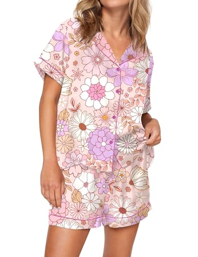 Image of SHESHOW Satin Pajamas for Women Set Preppy Animals Pjs Short Sleeve Shorts 2 Piece Loungewear Sets XS-XXL