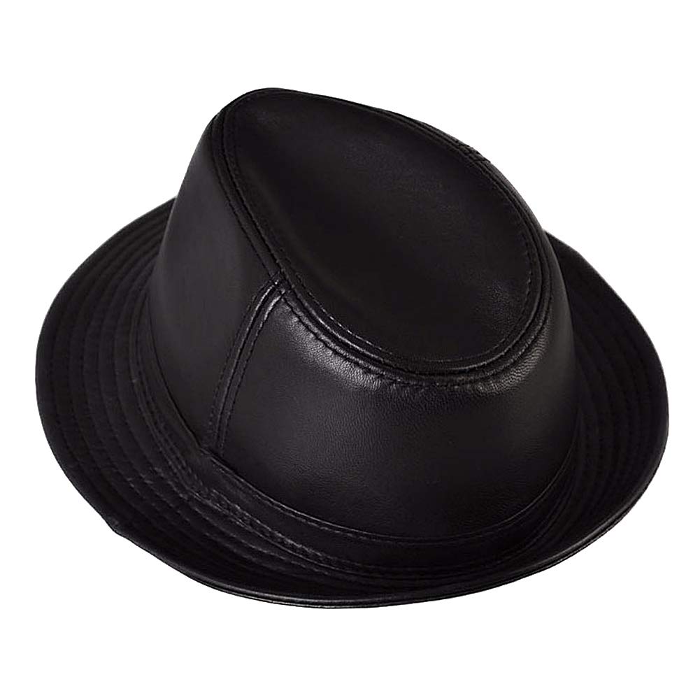 Dongbao Unisex Black Men's Leather Fedora Hat,Trilby Caps Panama Hat,Brim Flat Church Derby Cap