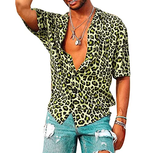 Chemise rétro léopard homme manches courtes vêtement vintage vert