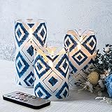 Eywamage Blue Geometric Flameless Candles in Glass Jars, Flickering Battery LED Pillar Candles with Remote Set of 3