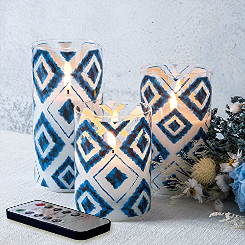Eywamage Blue Geometric Glass Flameless Pillar Candles with Remote Set of 3