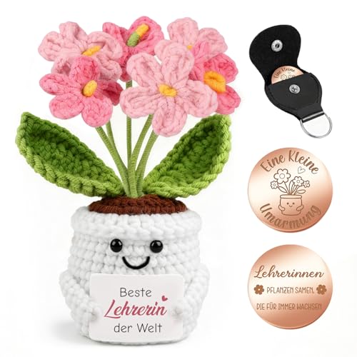 Giftota Geschenk für Lehrerin & Erzieherin - Dankeschön Abschiedsgeschenk - Geschenke für Frauen - Pocket Hug Vergissmeinnicht - Glücksbringer - Gehäkelte Blumen - Geschenkset