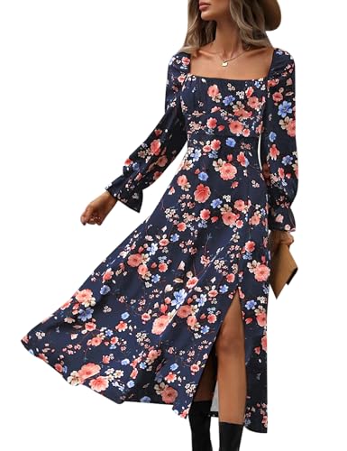 Image of Relipop Women's Long Sleeve Dress Fall Fashion Casual Square Neck Boho Floral Print Split Thigh A Line Party Date Night Maxi Dresses (Blue Pink Floral, Large)