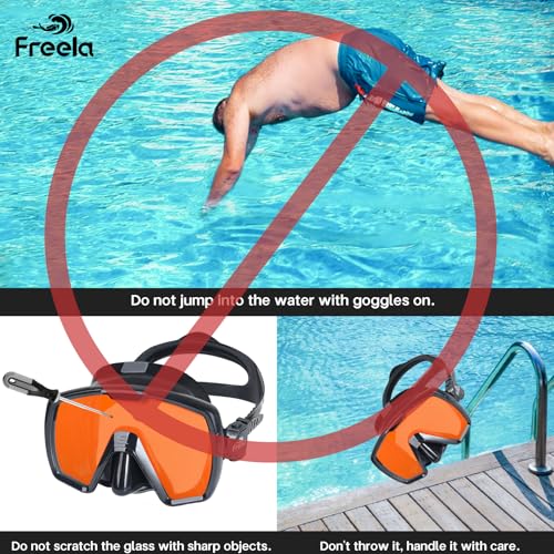 Image of Freela Adult Snorkel Diving Mask with Nose Cover, Tempered Glass Anti Fog Waterproof 180 Panoramic Wide View Scuba Free Diving Goggles for Men Women