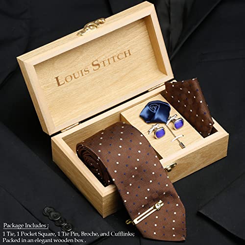 Image of LOUIS STITCH Mens Silk NeckTie Golden Tiepin Gift Combo Set With Pocket Square Cufflinks Brooch Tie Golden Tiepin (Suit Accessories) (Britain)
