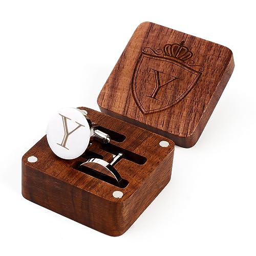 Image of Mens Initial Silver Cufflinks A-Z Alphabet Letter Steel Cuff Links with Engraved Walnut Wood Box Groom Groomsman Wedding Set