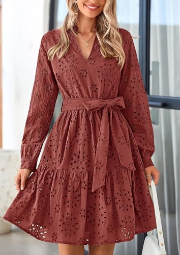Image of PRETTYGARDEN Women's Long Sleeve Spring Dress 2025 Casual Fall V Neck A Line Hollow Out Eyelet Wedding Guest Short Dresses