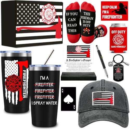 10 Pcs Firefighter Gifts for Men Women with 20 Oz Tumbler, Socks, Hat, Firefighter Prayer Plaque, Keychain, Can Cooler, Fireman Fire Department Gifts for Graduation Retirement Birthday Christmas