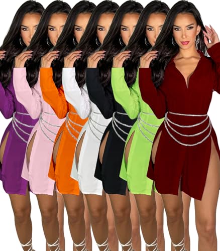 Image of Shirt Dress for Women Sexy Button Down Date Night Dresses Ruched Slit Stand Collar Long Sleeve Blouses