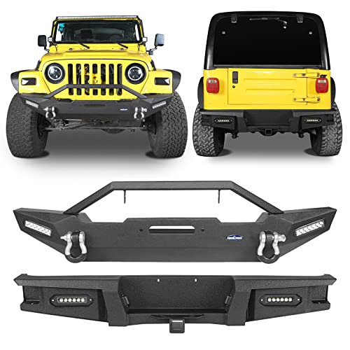 Hooke Road for 97-06 Jeep Wrangler Front Winch Bumper & Rear Bumper Kit Compatible with Jeep Wrangler TJ 1997-2006 Textured Black Steel Bumpers Set