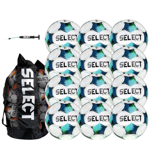 Select Spark TB NFHS Soccer Ball, 12-Pack with Duffle Ball Bag and Pump, White/Blue/Green NFHS, Size 5