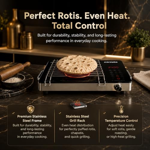 Image of Minista 2200W Infrared Induction Cooktop Stove With Grill Rack, Suitable for All Cookware, Premium Glass Top,Touch Control, Digital Display,Timer, 4 cooking modes, Auto Shut Off, 1 Year Warranty Black