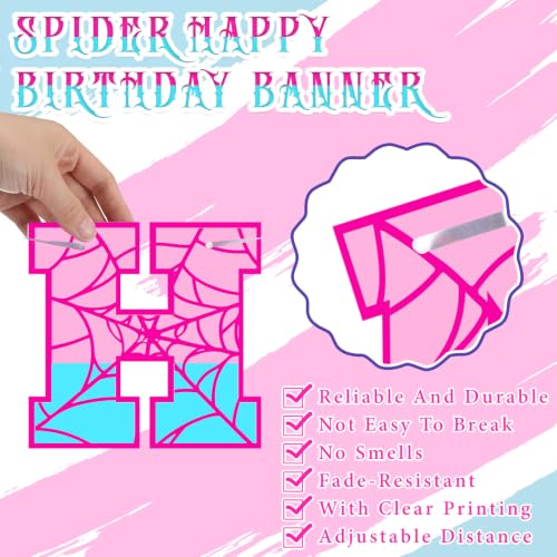 Image of Oudain Spider Theme Birthday Banner Pre-strung Web Flags,Pink Blue | Cartoon Backdrop Design, Happy Birthday Bunting for Party Supplies, Easy Hanging Decor for Themed Celebration
