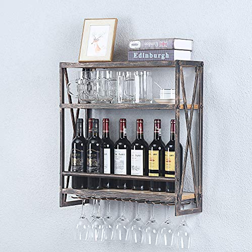 Industrial Hanging Wine Rack Wall Mounted236in Floating Wine Shelf with 6 Stem Glass HolderRustic Wine Glass Rack Metal Wine Glass Shelf3-Tiers Floating Wine Shelves Wine Glass ShelvesBronze