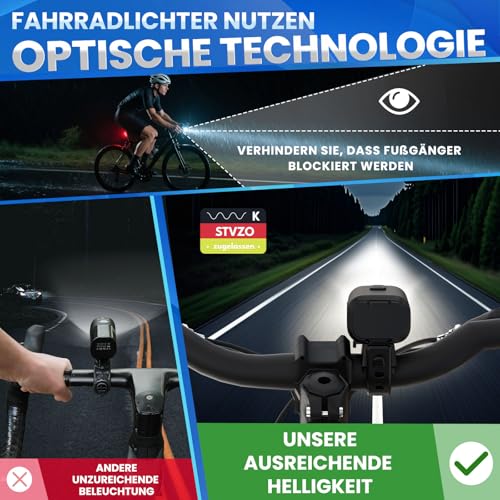 FORTRY Fahrradlicht Set Mit Bremsblinkfunktion, StVZO Zugelassen Fahrradlampe，Radlicht LED Fahrradbeleuchtung，IPX5 Wasserdicht Fahrradlichter Vorne und Rücklicht, Licht Fahrrad USB Typ C