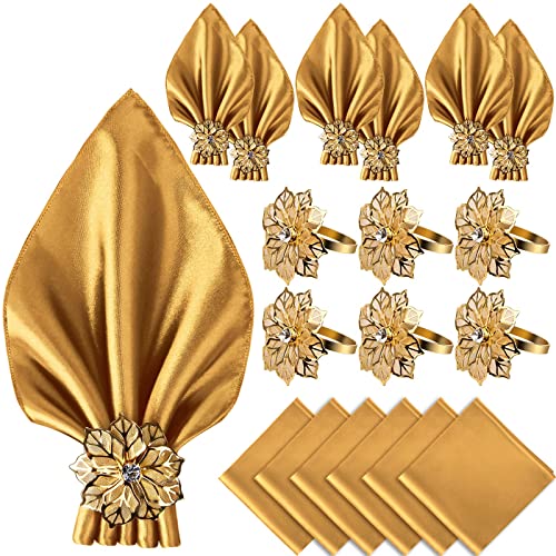 Vijiv 12 Pack Cloth Napkins And Gold Napkin Rings Set Of 6, 17X17 Square Satin Dinner Table Napkins Rings Flower Personalized Napkins Bridal Shower Napkins For Wedding Reception Party Decorative #TOP21