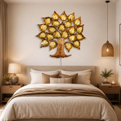 Image of Bharat Art Iron Jali Leaf Tree LED Metal Wall Art | Decorative Wall Hanging for Living Room Bedroom Hallway | Handmade Iron Leaf Tree Sculpture | Modern Home Office Decoration | 30 x 2 x 30 Inch | W194
