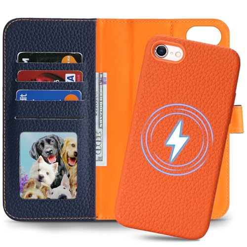 Image of Detachable Genuine Leather Case for iPhone SE 2020 /SE 2022 /7 /8 Wallet Case Magnetic 2in1 Removable Flip Cover Book Purse Compatible with Magsafe Charging Stand Card Holder-Navy Blue+Orange