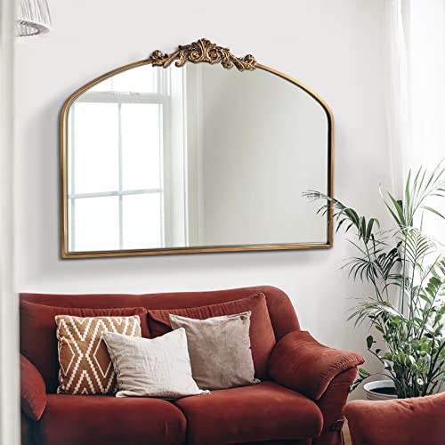 OUSHUAI Gold Arched Mirror,Baroque Brass Fireplace Mirror Decor, Victorian Vintage Mirror with Full Matel Frame,Ornate Mirror for Entryway/Bathroom/Living Room/Hallway 36'X30'