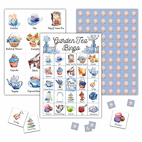 KFNER Garden Tea Bingo Game - Tea Party Bingo Card - 24 Players Bingo Game Set Indoor Outdoor Activities - Tea Party, Bridal Shower, Birthday Party Favors Supplies -A05