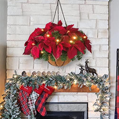 Christmas Hanging Poinsettia Flowers Plants Basket, Pre Lit Christmas Hanging Basket Flocked with Mixed Decorations and LED Lights Artificial Frosted Berry Pine Cones for
