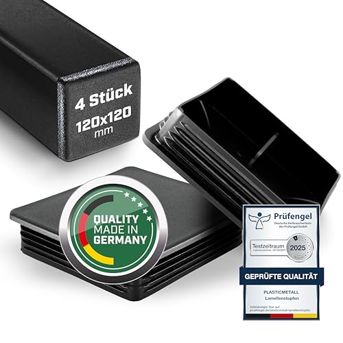 Lamellenstopfen 120x120 mm aus PE 4 STK. [FUNKENEROSION-Struktur] Rohrstopfen für Aluprofil, Vierkantrohr, zur Rohrabdeckung von Edelstahlrohr, Alurohr, Stuhlbeinkappen, Endkappen, Kappe