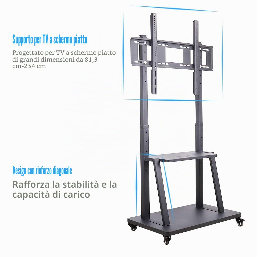 UNHO Supporto TV Mobile con Rotelle: Supporto TV da Pavimento per 32-100 Pollici Portata 80 kg, Porta TV con Ruote Altezza Regolabile, Max VESA 800x600mm