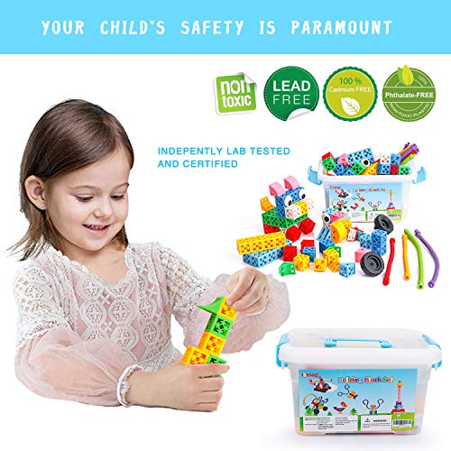 BMAG Building Blocks Tiles, Colorful Stacking Cubes,Connecting Manipulative Linking Fraction Building Set for Sorting and Counting Math STEM Construction Toy for 3 4 5 6 7 8 9 10 Years Old Kids