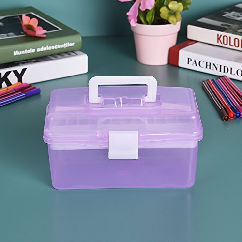 Image of Craft Storage Container with Handle 2 Layer Stack Carry Portable Plastic Bin Case Used for Organizing Stationery Sewing Jewelry Beauty Supplies (Purple)