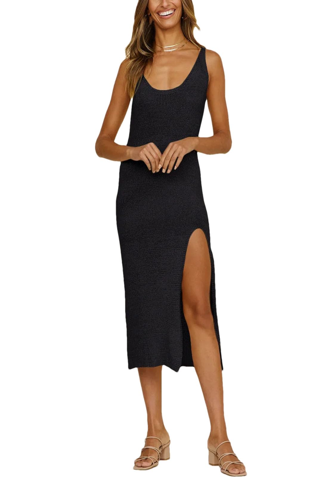 LNNSHX Tunique d'été sans Manches pour Femmes, Dos Nu, Fendue sur Le côté, Robes de Plage tricotées Solides