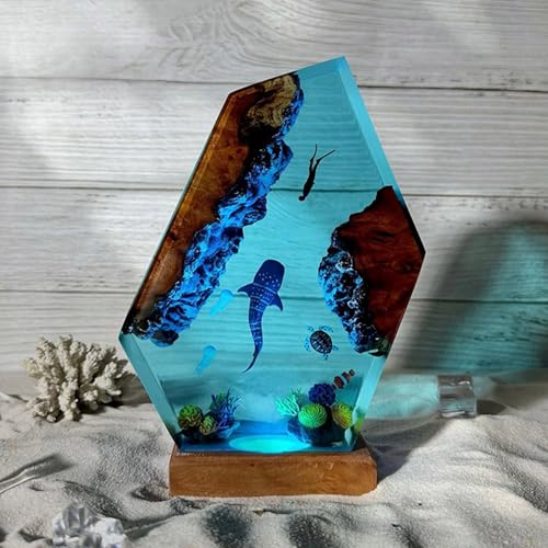 Image of Drawelry Ocean Creative Epoxy Resin Wood Light Lamp, Handmade Multi Color Aquatic Ocean Lamp Deep Sea Cave Diving Enthusiasts Led Night Light Desktop Decor Birthday Gift (Shark and Diver, M)