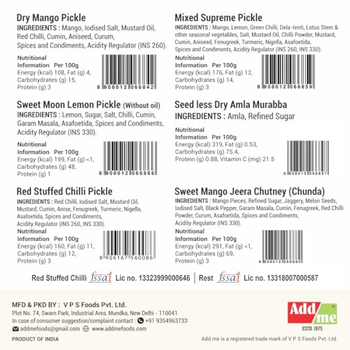 Image of Add me combo pickle box gift pack 6 in 1 dry mango achar 300gm + mixed pickles 300grm + amla murabba 300 gm + sweet Lemon pickle 350gram + Lal mirchi ka achar 300 gm + sweet mango jeera chutney 350grm glass jar