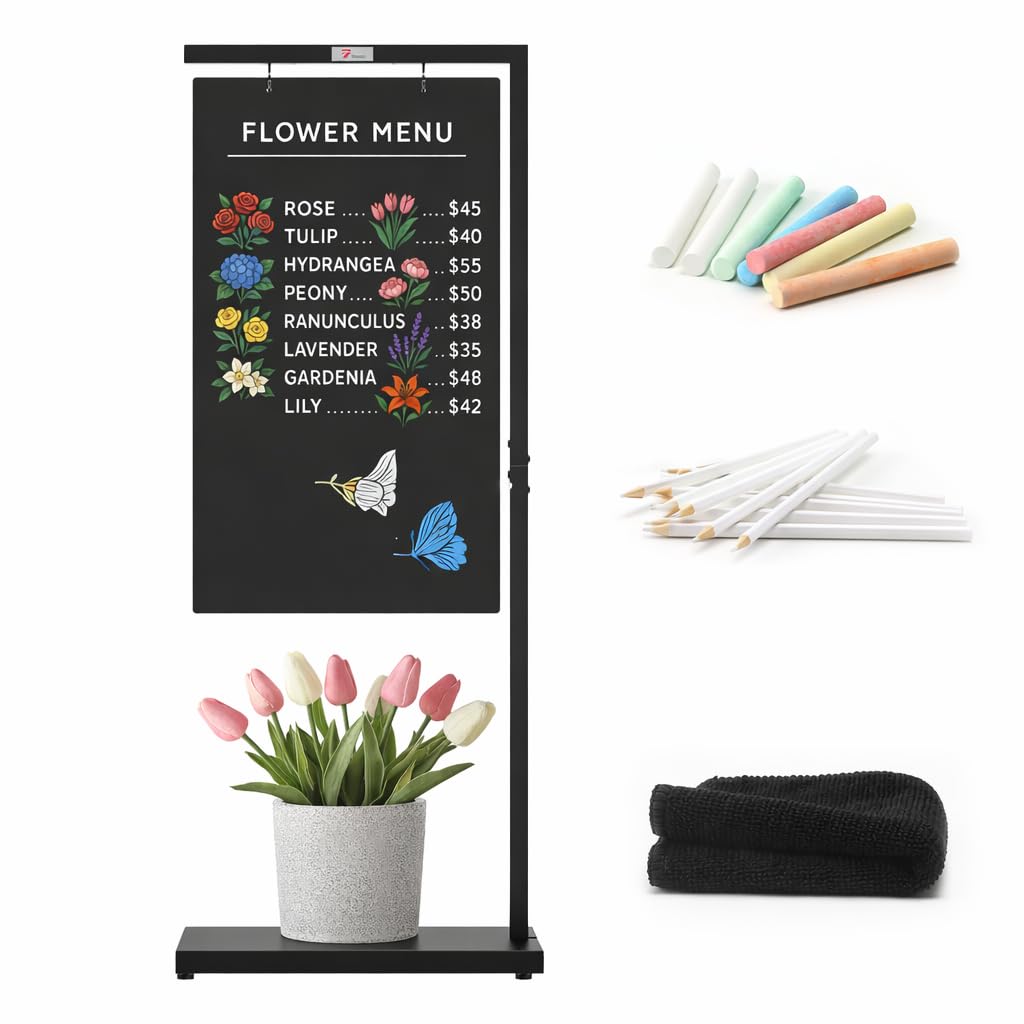 TOWON Giant Chalkboard, Floor-Standing Chalkboard Sign with Metal Base, Pedestal Chalk Board Display Signs for Cafe Bar, Bistro, Florist, or Wedding, Portable and Double-Sided, 119 x 51cm