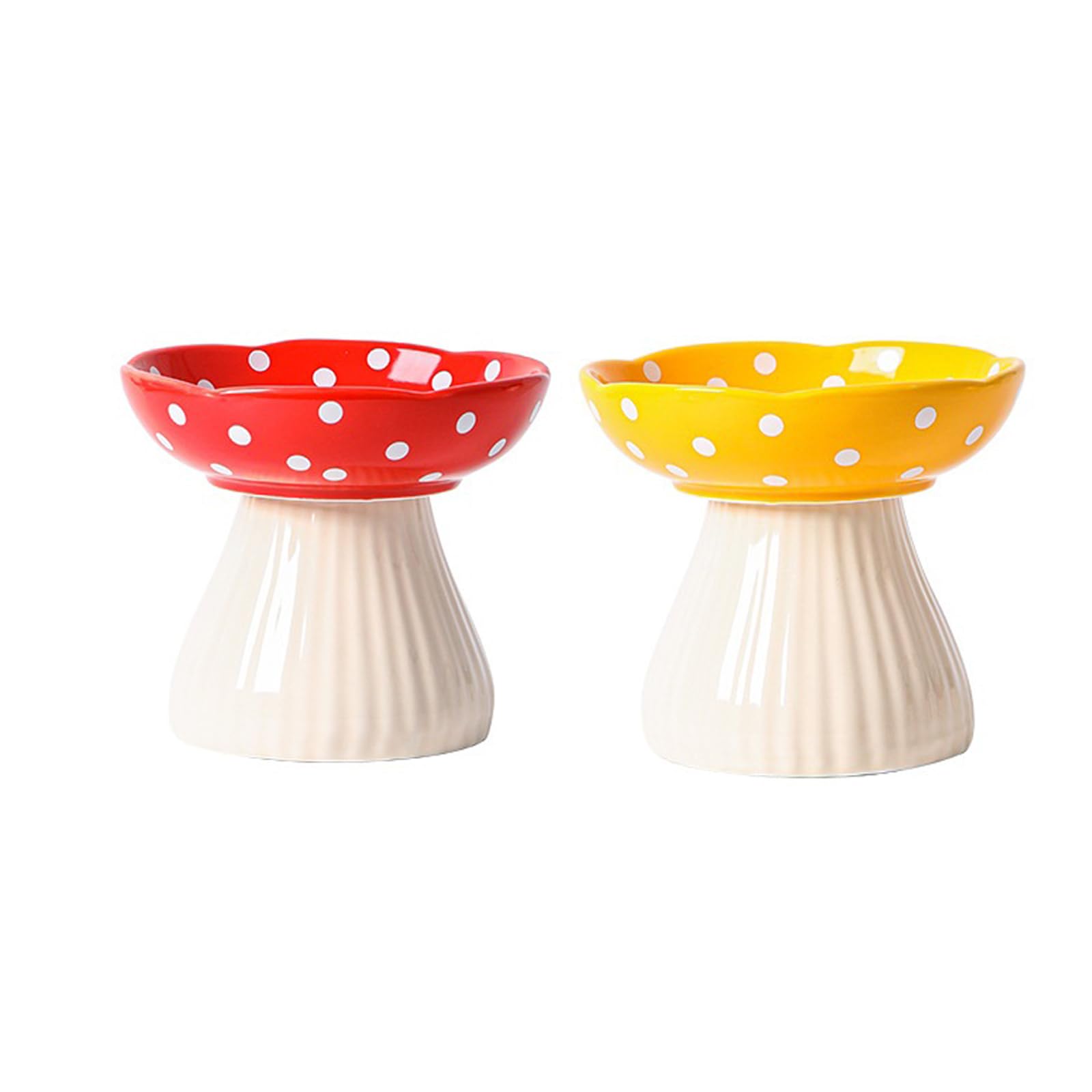 Raised Cat Bowl, Cute Mushroom Cat Water Bowl, Elevated Cat Food Bowl, Ceramic Cat Bowls for Food and Water, Wide Shallow Cat Food Dish, Whisker Fatigue 2pcs (Red&yellow)