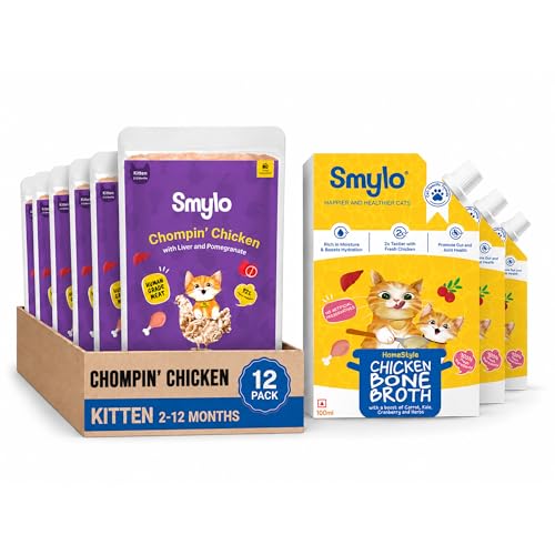 Smylo Kitten Wellness Chicken Combo | Fresh Chicken, Liver and Pomegranate (70g x 12 Packs) + Hydration Rich Chicken Bone Broth (100ml x 3 Packs) | Grain Free, No Preservatives-image-22