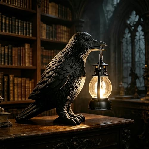 flashtoss Gothic Crow Lamp Raven Decor with Vintage Lantern Accent, Realistic Latex Crow Statue for Halloween Decorations Party Mantel Shelf