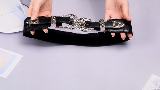 Dubulle Womens Belt Decoration Chain Black Gold Leather Elastic
