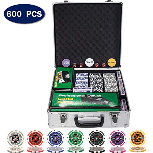 Display4top Set de Poker Laser Haute qualité 12 g Noyau en Métal, avec étui en Aluminium, Mélangeur de Cartes Automatique, Griffe,revendeur, Petit Store, Gros Boutons aveugles et 5 Dés (600 jetons)