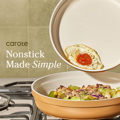 Image of Carote 20pcs Ceramic Cookware Set with Detachable Handles, Pots and Pans Set Non Stick, RV Kitchen Cooking Pot and Pan, Dishwasher Safe, Non-toxic Induction Cookware PFAS and PFOA Free,Orange