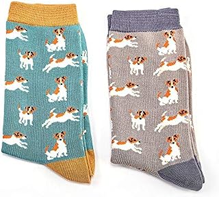 LilyRosa® Ladies Jack Russell Dogs Socks Blue Grey Dog Girls Bamboo Mix Two Pairs