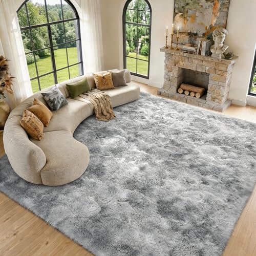 9x12 Extra Large Area Rugs for Living Room Shaggy Non-Slip Tie-Dyed Rugs for Bedroom Kids Playroom Dorm Room High Pile Ultra Soft Carpet Grey