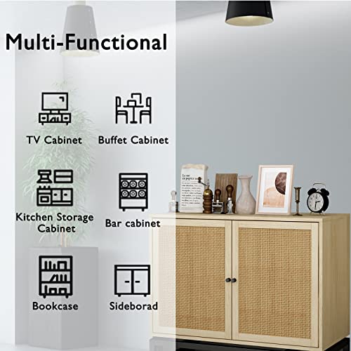 Wekity Buffet Cabinet, Rattan Cabinet With Adjustable Shelf & 2 Doors, Wooden Kitchen Storage Cabinet For Hallway Living Room Bedroom Dining Room Bar, 31.5X 15.75X 31.5 Inches (Yellow) #TOP2